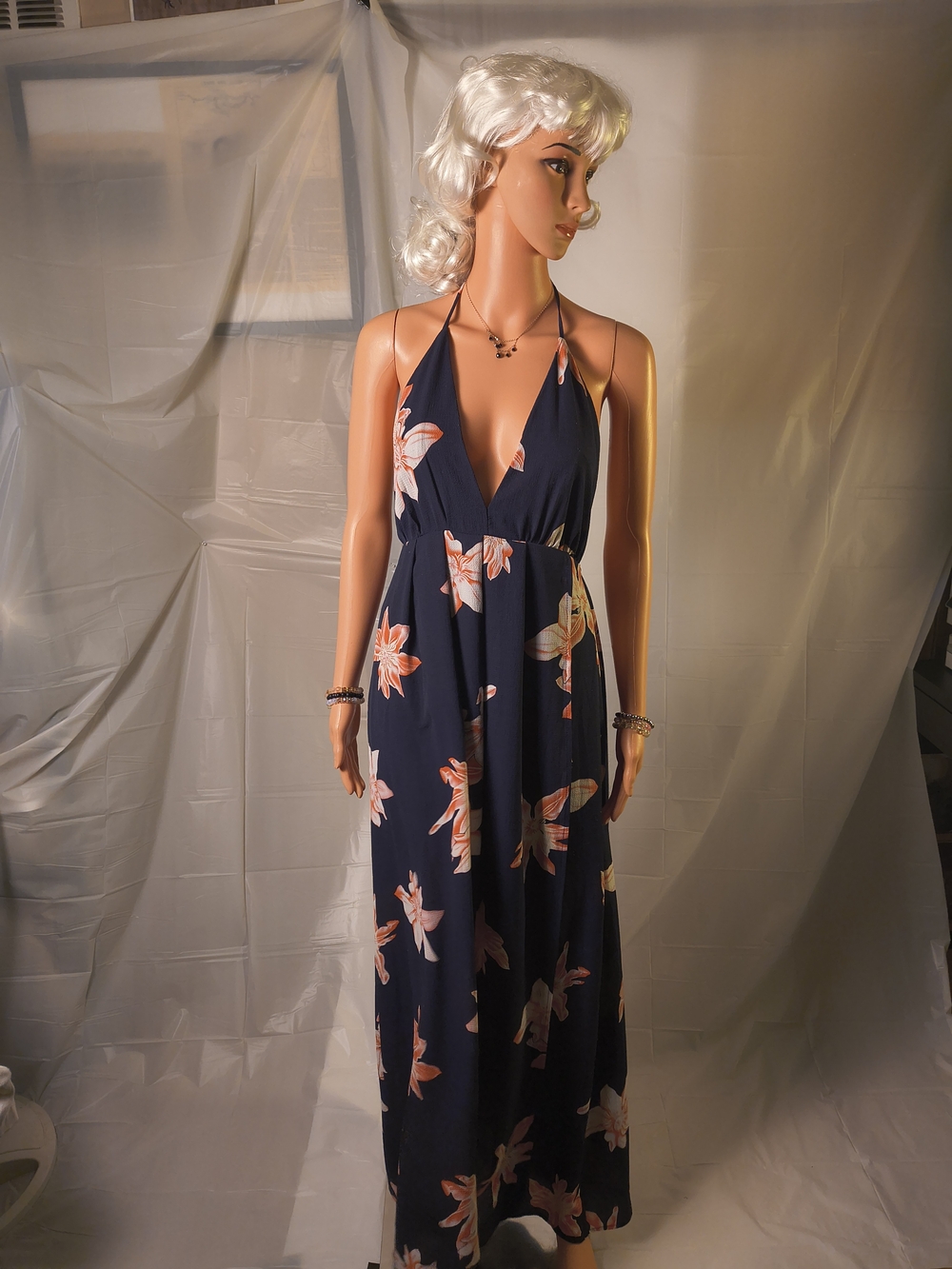 Simplee Navy Coral Floral Halter Maxi Dress Size M Backless Resort Boho